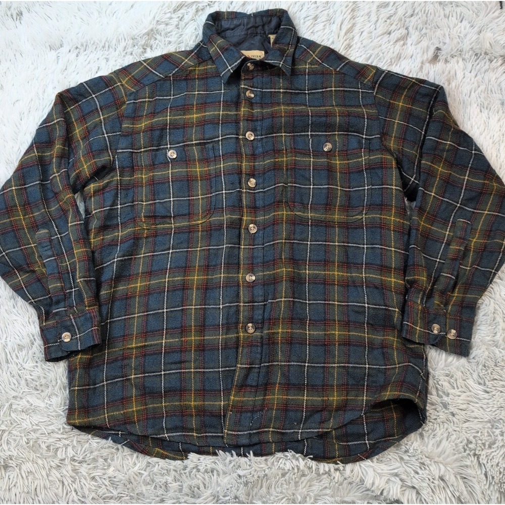 Vintage Field & Stream Shirt Mens L Blue Plaid Wool Blend Button Up Pockets